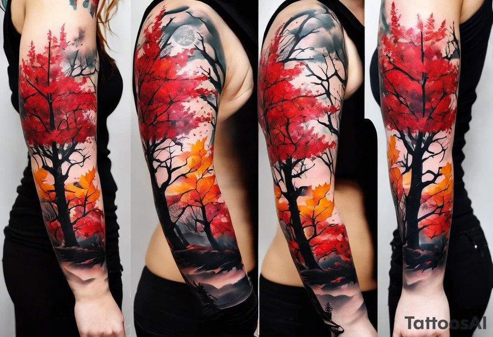 trash polka style. Arm tattoo. Long tattoo. Full sleeve. Shoulder. A single large maple tree with red autumn leaves that branches upwards from wrist to shoulder. White-throated dipper bird on the trees branches. Calluna flowers at the base of the trees stem. Tree stem has dark colors. Red/yellow sunset behind the trees stem. Leaves falling. tattoo idea