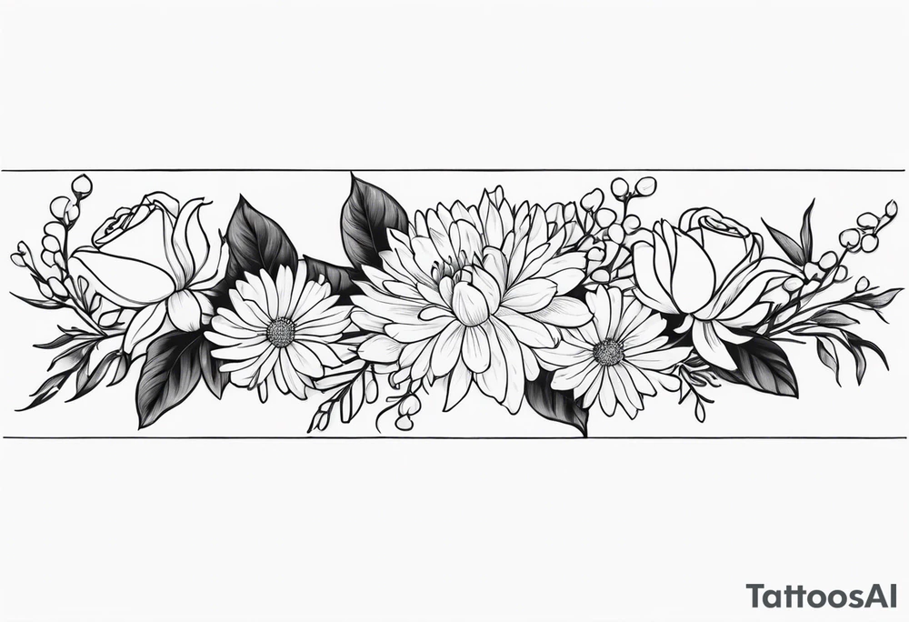 Asters, roses, lily of the valley, and chrysanthemums in a long line tattoo idea