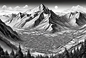 Black topographic map of a mountain village in the French Alpes tattoo idea