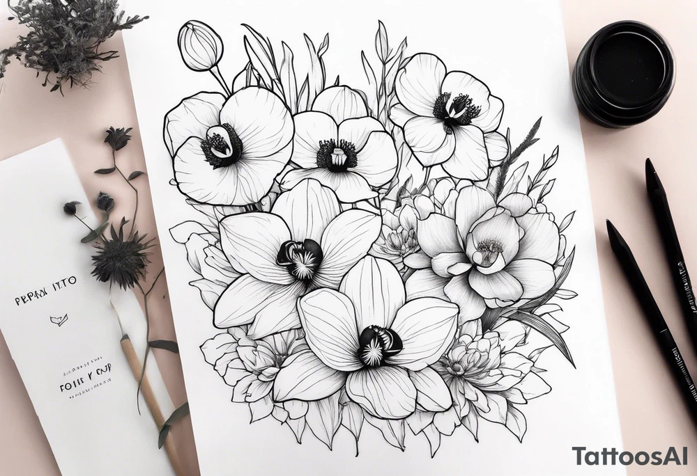 Orchids with wildflowers, poppy, complimentary flowers, bees, peony, forearm tattoo idea