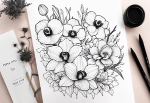 Orchids with wildflowers, poppy, complimentary flowers, bees, peony, forearm tattoo idea