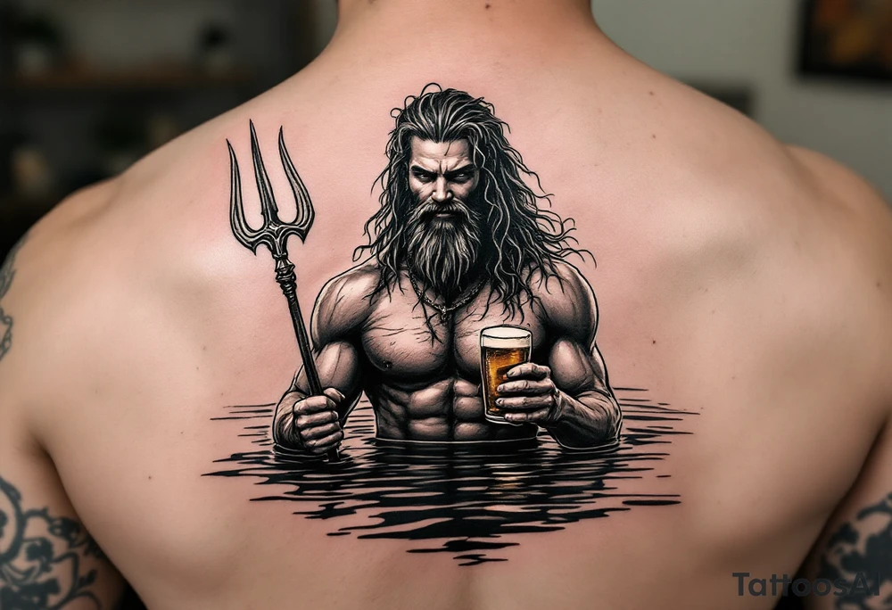 young, happy, fit poseidon in calm water, holding a trident, drinking a beer, with sunset tattoo idea