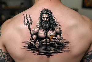young, happy, fit poseidon in calm water, holding a trident, drinking a beer, with sunset tattoo idea