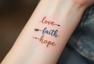 "Love" in dusty rose pink, "Faith" in antique gold, and "Hope" in sky blue, connected by a fine black arrow. tattoo idea