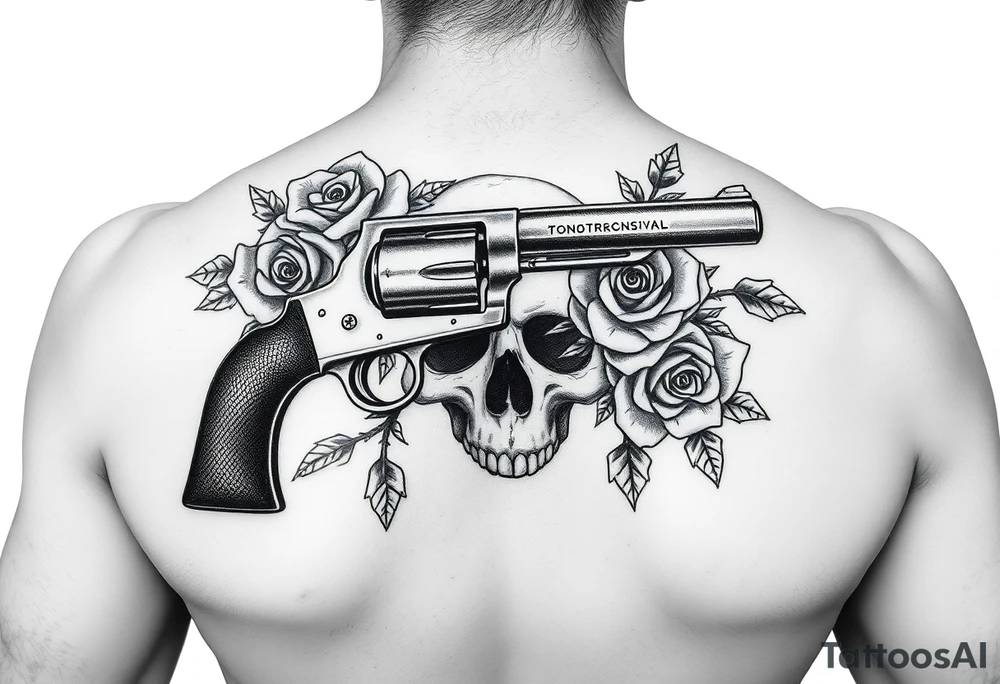 A vintage revolver intertwined with thorny roses, beneath a skull's shadow. tattoo idea