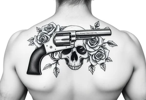 A vintage revolver intertwined with thorny roses, beneath a skull's shadow. tattoo idea