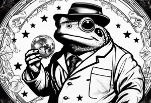 Toad in lab coat pointing at stars smirk tattoo idea