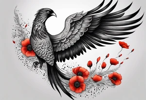 elongated phoenix in flight 
in profile long tail with claws holding poppies falling tattoo idea