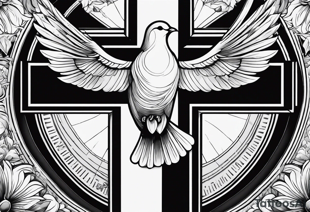 A Cross with doves in the rays of son with 08/21/2024 in Roman numeral starting tattoo idea