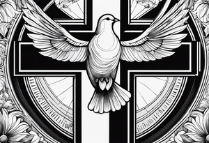 A Cross with doves in the rays of son with 08/21/2024 in Roman numeral starting tattoo idea