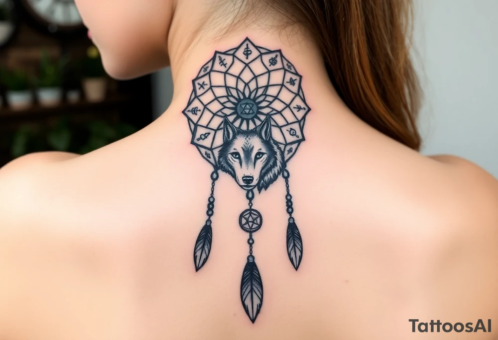 Dreamcatcher with zodiac symbols and protection runes caught in it with wolf teal tattoo idea