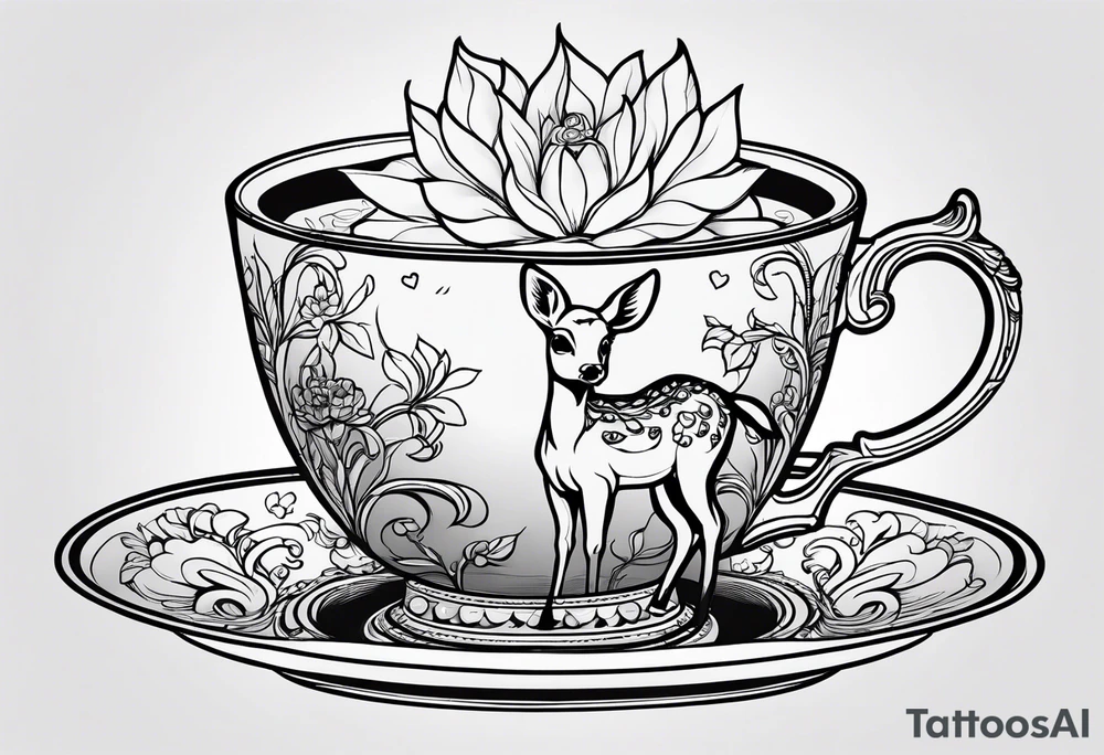 simple line art fawn fully in a teacup tattoo idea