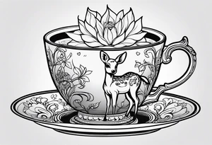 simple line art fawn fully in a teacup tattoo idea
