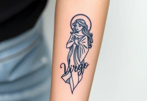 A celestial woman with glowing silver robe on her skin with word virgo tattoo idea