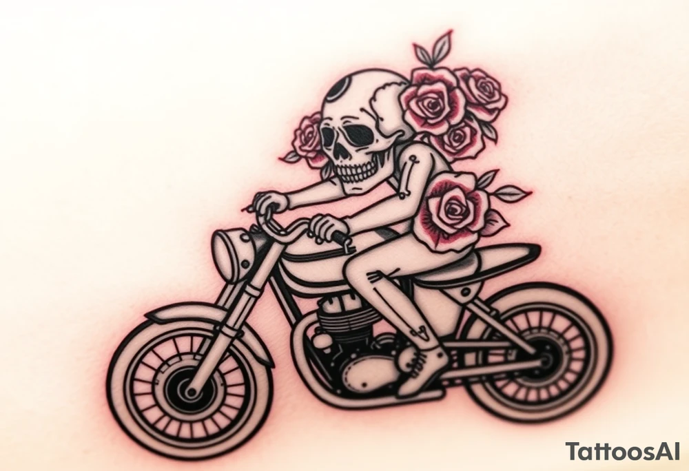 create an decorated "day of the dead skull" with roses who is riding a Triumph motorcycle tattoo idea