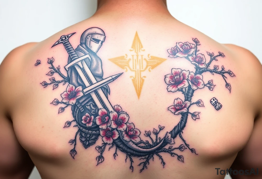 knight with sword and squid intertwined with climbing roses and tree roots with cherry blossoms rolling dice tattoo idea