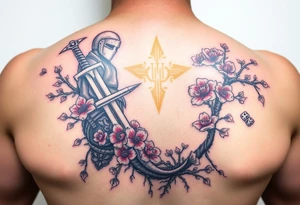 knight with sword and squid intertwined with climbing roses and tree roots with cherry blossoms rolling dice tattoo idea