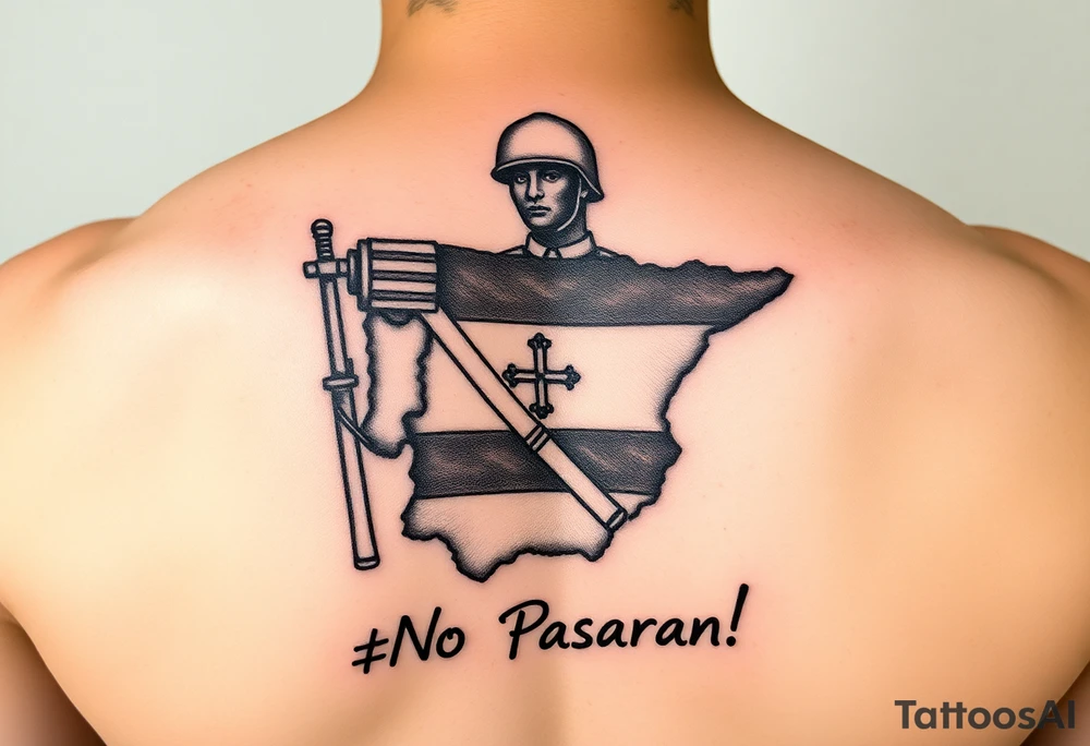 A Spanish civil war fighter on the republican side, with an outline of Spain, with the words “¡No Pasarán!” written underneath tattoo idea