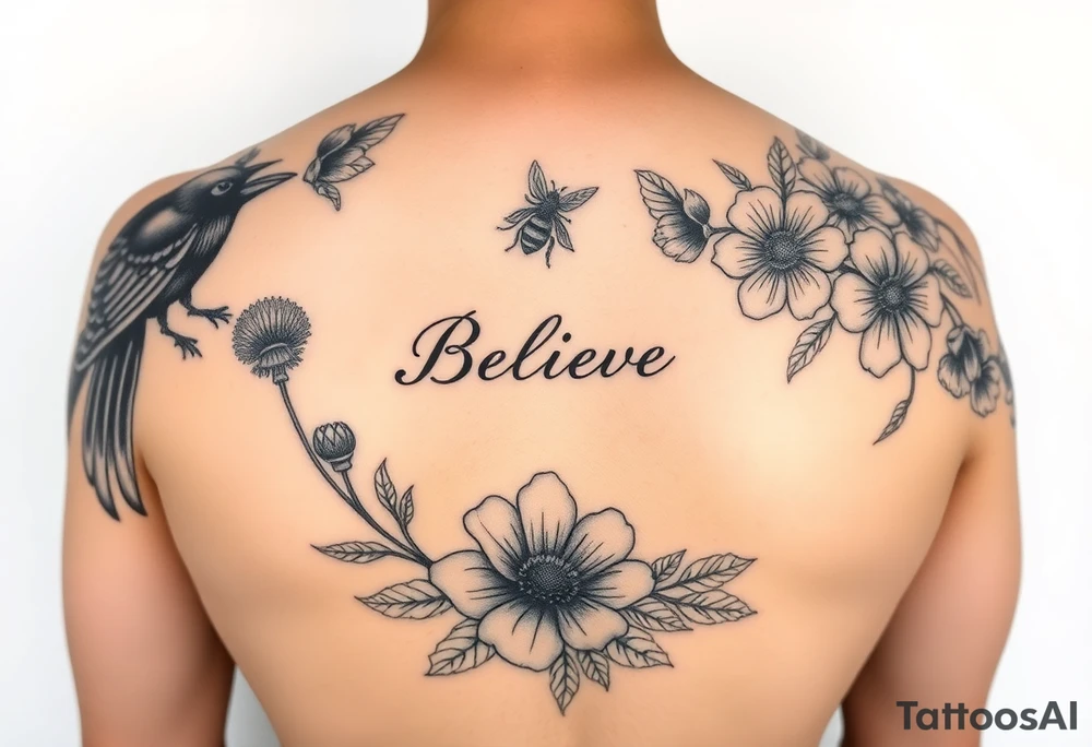 shoulder and three quarter sleeve.  Include crow, honey bee, dandelion puffball, daisy, poppy flower, hawaii flower, dragon flower, the word believe, sprite fairy, dog wood flower, dates: 01/20/85, 5/31/91, 6/10/99, surrounded by floral ornaments and leaves tattoo idea