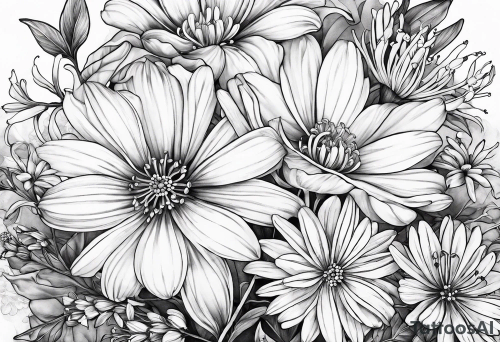 Honeysuckle, daisys,cosmos,and snowdrop sleeve tattoo idea
