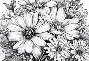 Honeysuckle, daisys,cosmos,and snowdrop sleeve tattoo idea