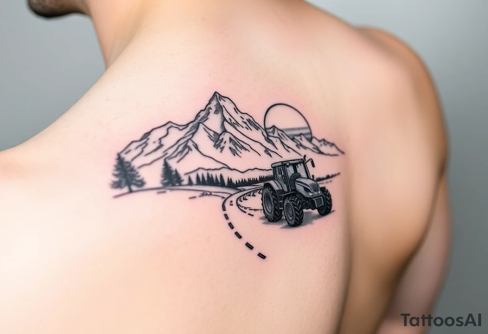 mountain, road, vantage tractor, cow, sunset tattoo idea