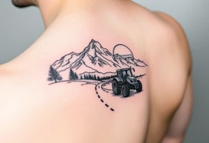 mountain, road, vantage tractor, cow, sunset tattoo idea