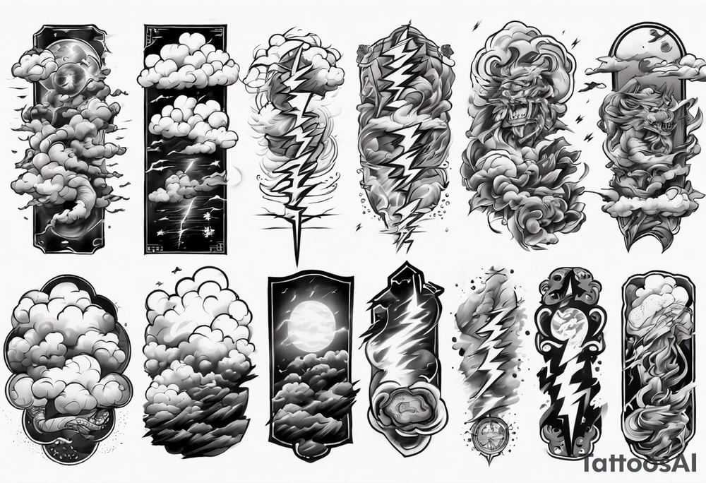 forearm sleeve lightning and clouds pattern tattoo idea