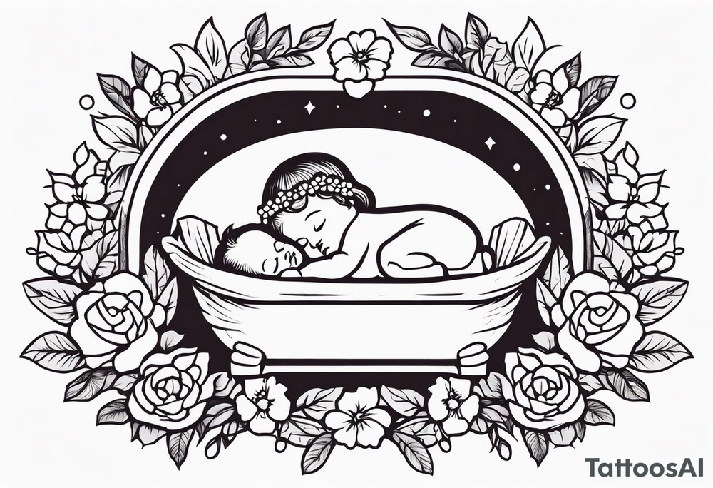 baby jesus in manger

old school vintage simple traditional design with vintage flowers surrounding it bold color simple tattoo idea