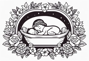 baby jesus in manger

old school vintage simple traditional design with vintage flowers surrounding it bold color simple tattoo idea