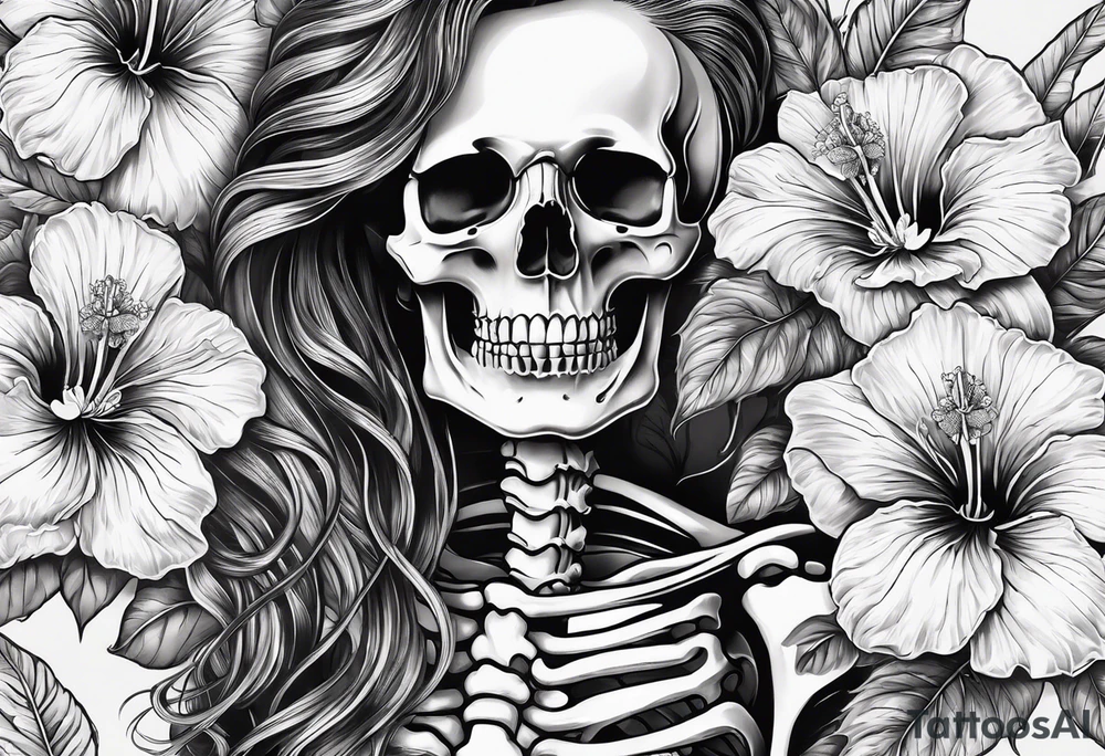 a full body female skeleton with hibiscus flower. tattoo idea