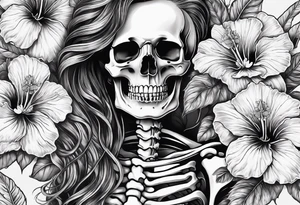 a full body female skeleton with hibiscus flower. tattoo idea