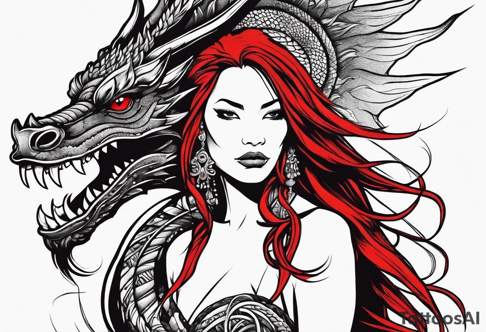 Red dragon behind woman with dreadlocks tattoo idea