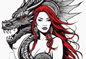 Red dragon behind woman with dreadlocks tattoo idea