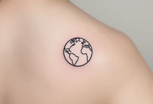 A small, minimalist Earth outlined in black with a hint of aqua and lime shading sits behind the ear. tattoo idea