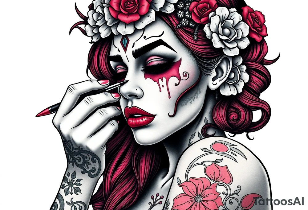 Young woman putting scary ritual make up on tattoo idea