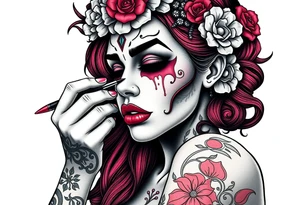 Young woman putting scary ritual make up on tattoo idea