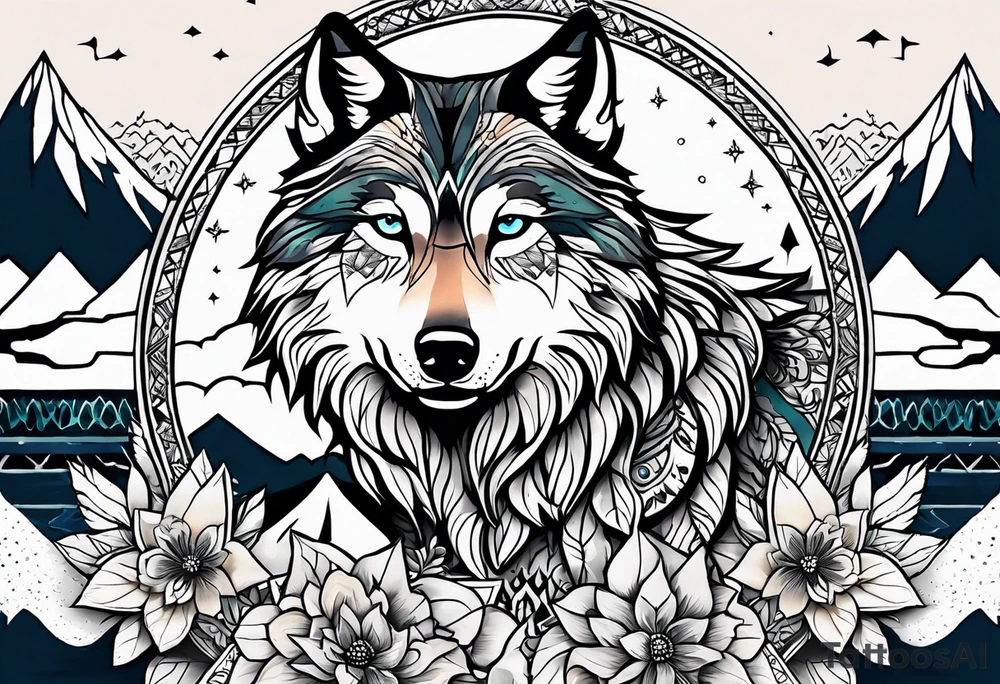 A whimsical wolf tattoo featuring mandala or dream catcher elements, with the wolf as the central focus, surrounded by mountains in the background. Include flowers and nature elements to fill the space around the wolf. Some color but not completely solid bold color tattoo idea