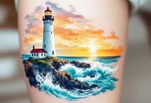 A tall, weathered white lighthouse with a bright red roof and railing, standing boldly on a rocky cliff surrounded by crashing teal-blue waves and glowing under a golden-orange sunset sky. tattoo idea