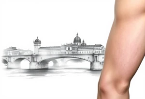 A realistic Charles Bridge silhouette, with fog rolling over the Vltava River, using soft grayscale shading with a hint of blue. tattoo idea