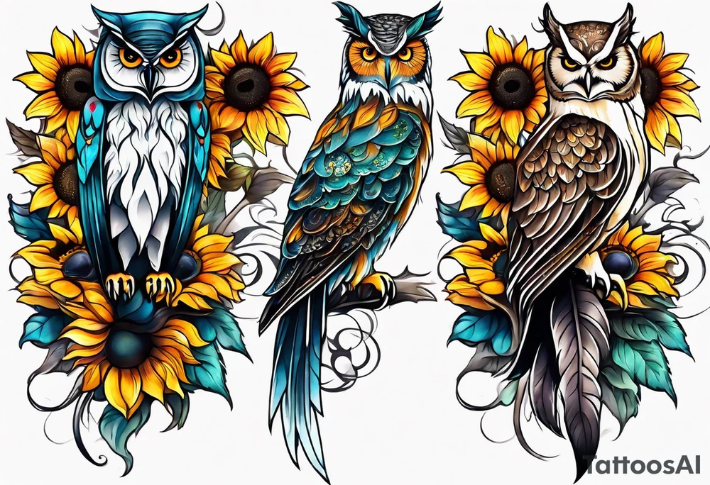 Leg sleeve with colorful sunflowers and an owl tattoo idea