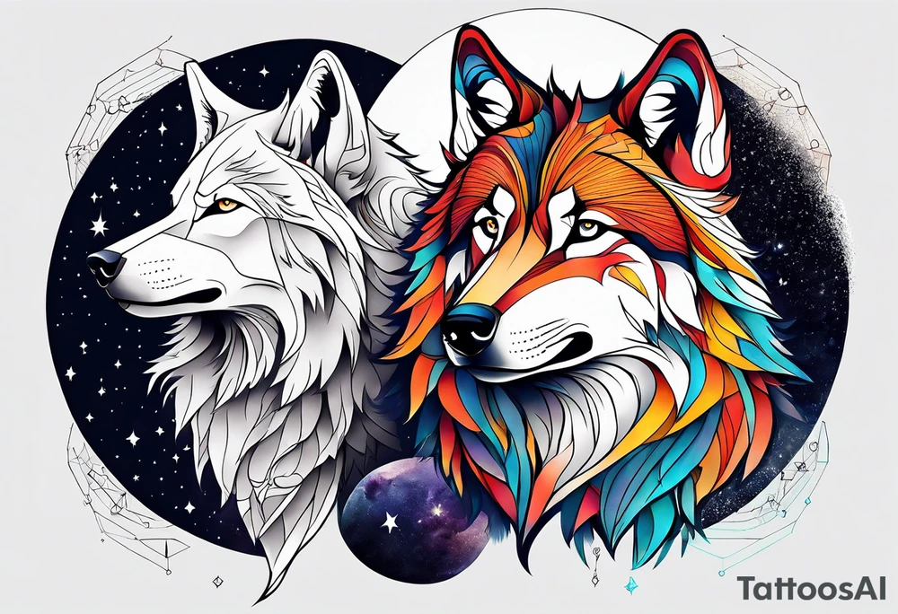 Constellation, two animal wolf, géométric tattoo idea