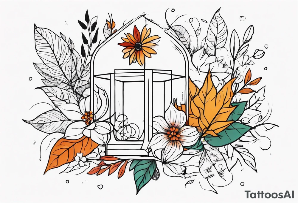 Full arm with fall colors, flowers, water, leaves and various shapes tattoo idea