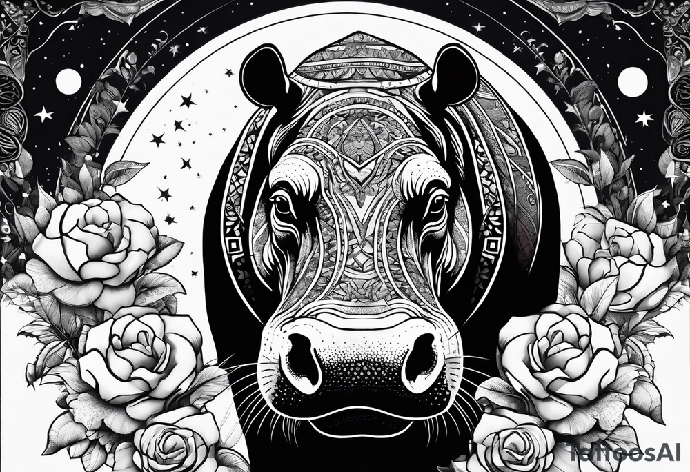 Hippo, flowers, moon, interstella, artic surreal,
Extreme fine lines, tribal, geometric, tattoo idea