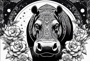 Hippo, flowers, moon, interstella, artic surreal, 
Extreme fine lines, tribal, geometric, tattoo idea