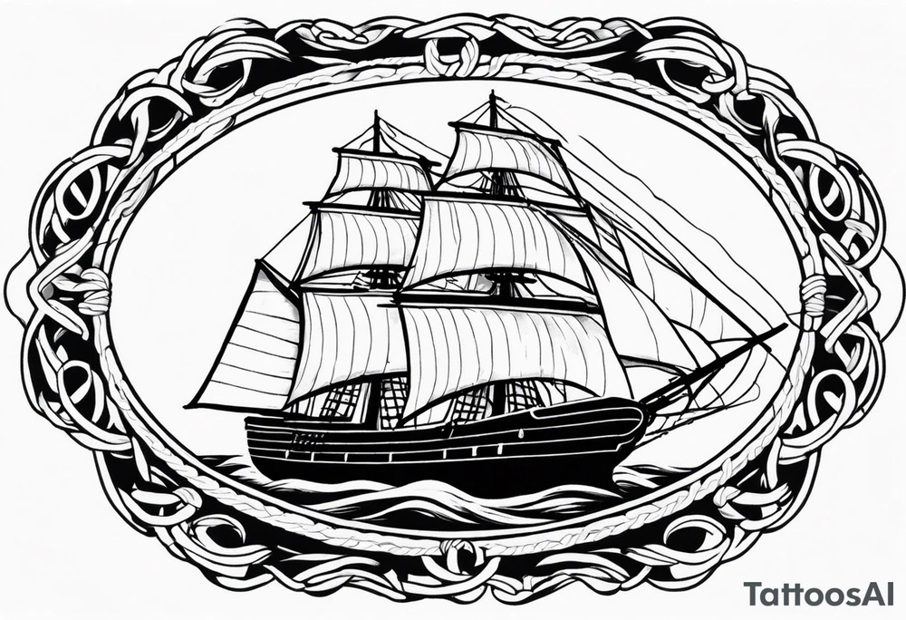 sailing ship in rough seas, front porfile, in oval with rope border, super imposed over crossed cannons, banner at bottom that says US Navy tattoo idea