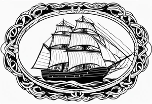 sailing ship in rough seas, front porfile, in oval with rope border, super imposed over crossed cannons, banner at bottom that says US Navy tattoo idea