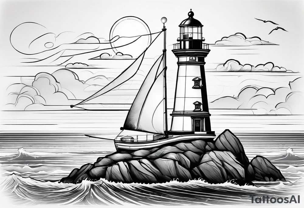 maritime lighthouse in a front view sailboat serving as a mast for a sail. tattoo idea