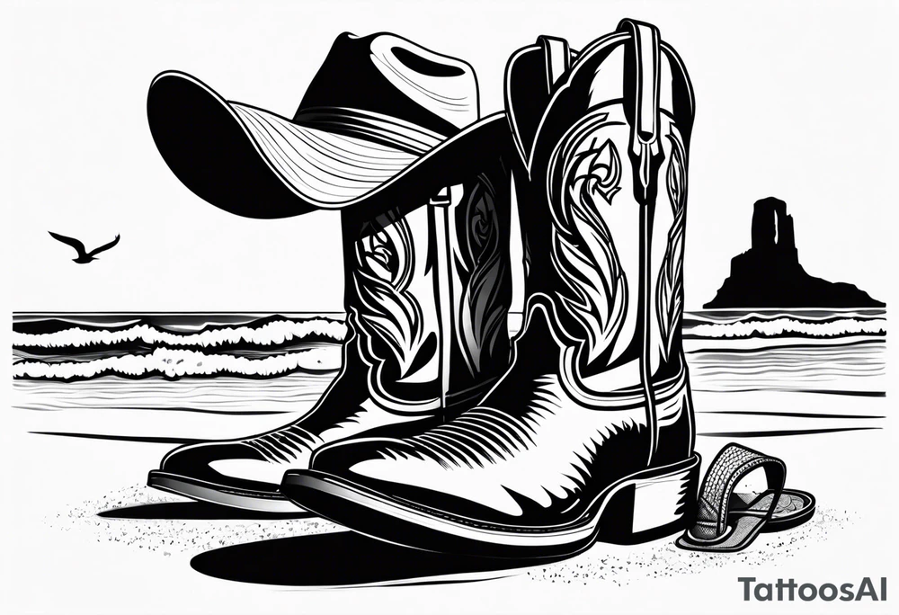 Keep it simple. A pair of mens boots next to two flip flops and a cowboyhat on the Beach. tattoo idea