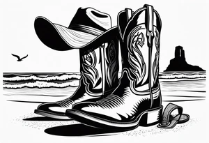 Keep it simple. A pair of mens boots next to two flip flops and a cowboyhat on the Beach. tattoo idea